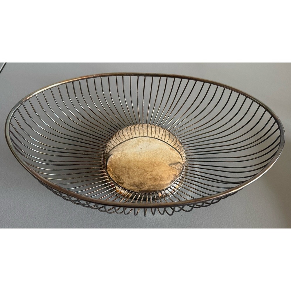 Vintage Leonard Silverplate Wire Fruit Basket MCM Oval Bread Bowl Hong Kong